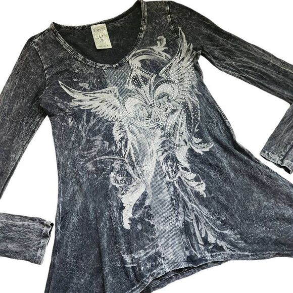 Vocal Burnout Top Womens Small Rhinestone Cross Wings Y2K Modern Vintage Biker B - Picture 1 of 6